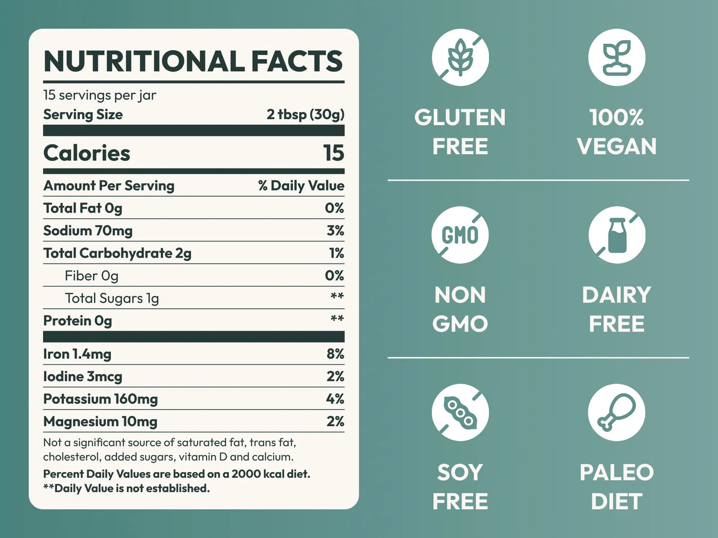 Sea moss gel nutrition facts panel with gluten free, vegan, and non-GMO icons