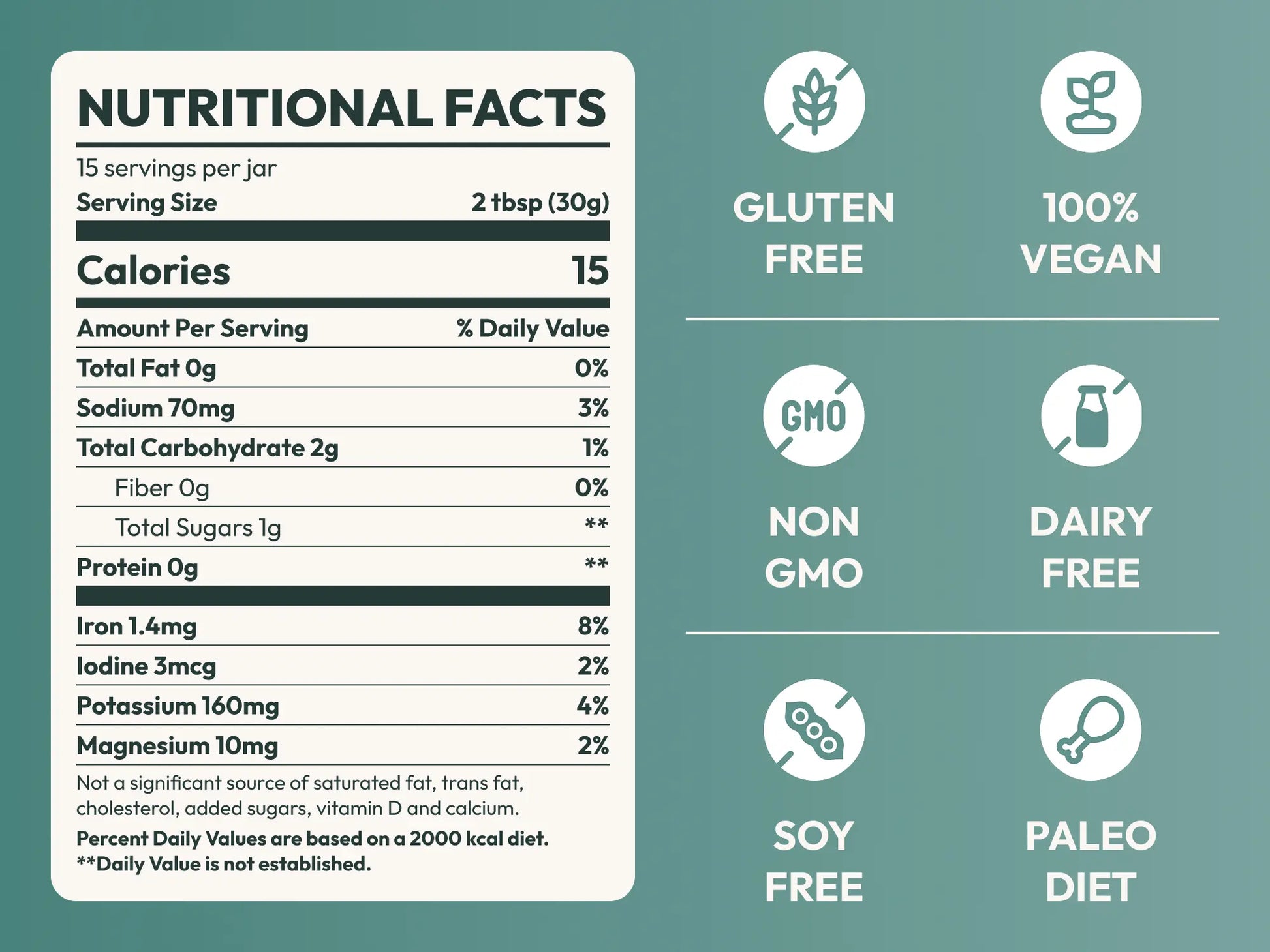 Sea moss gel nutrition facts panel with gluten free, vegan, and non-GMO icons