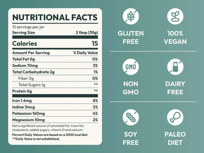 Sea moss gel nutrition facts panel with gluten free, vegan, and non-GMO icons